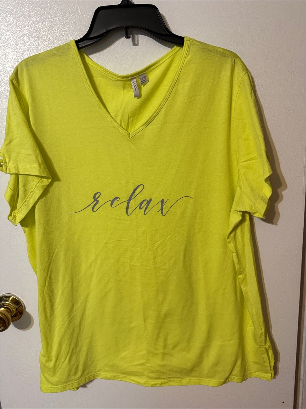 Active USA Neon Lime V-Neck Tee with "relax" Script